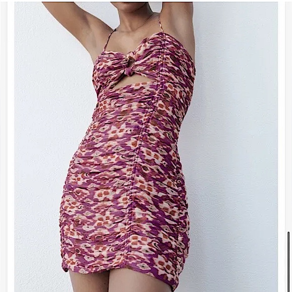 ZARA💜multicolour purple ruched skinny strap double open hole front mini dress